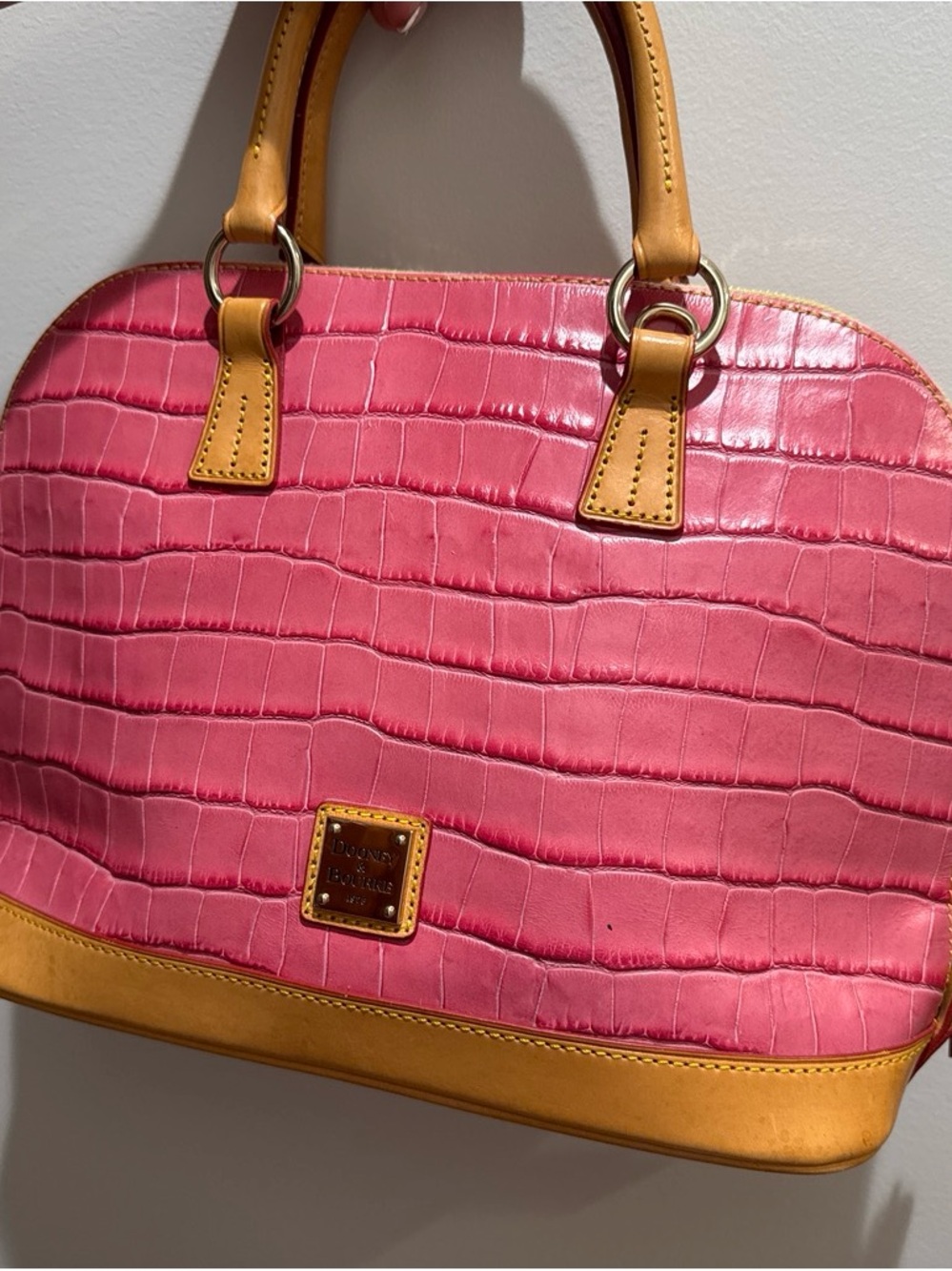 Dooney & Bourke Hot Pink Croc-Embossed Satchel with Tan Trim